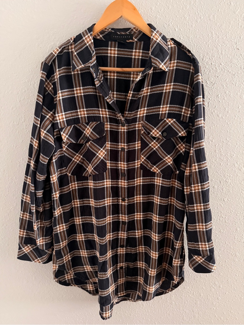 Sanctuary Boyfriend Black and Tan Plaid Boyfriend Button-Down Shirt